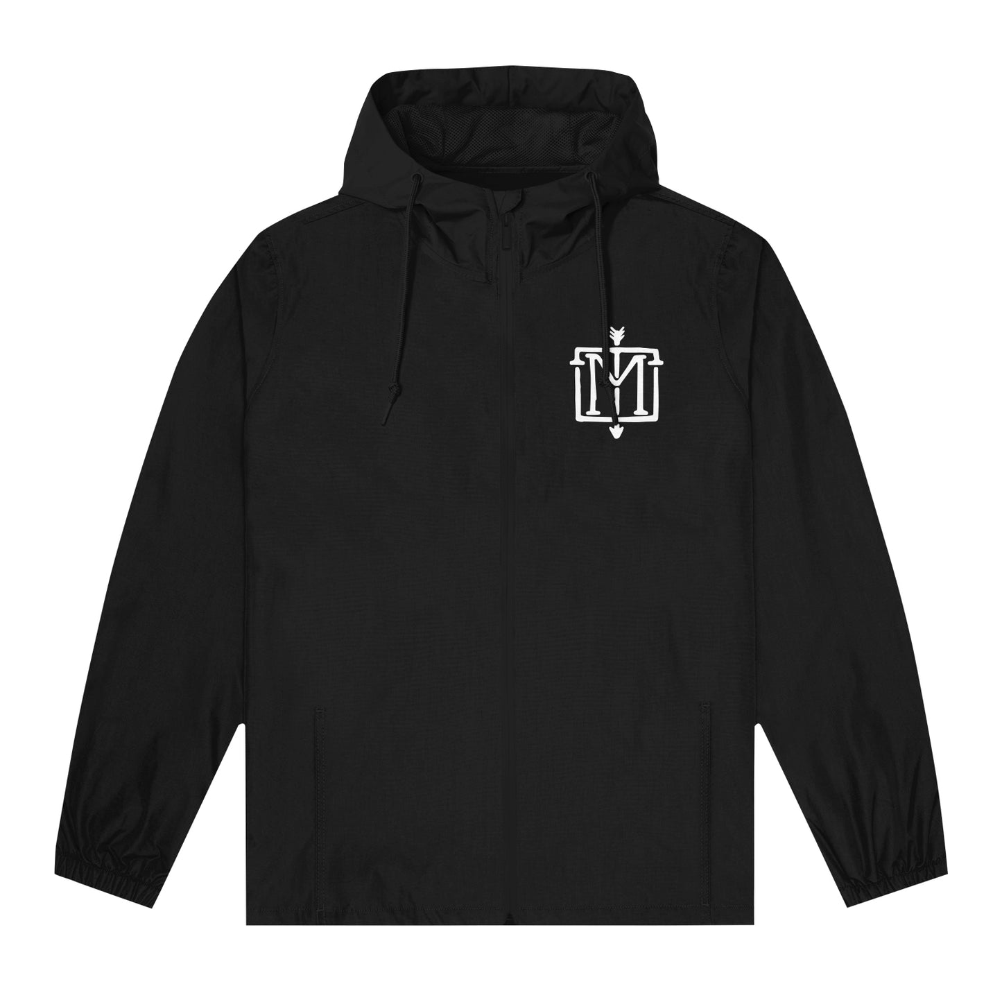 image of the front of a black pullover windbreaker jacket on a white background. the jacket has a small chest print on the right in white of the menzingers emblem logo.